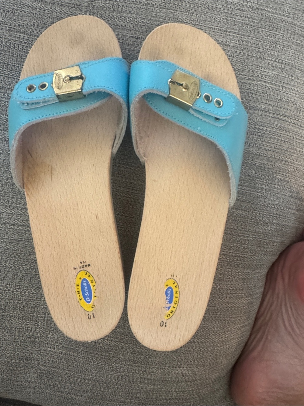 Dr Scholls Original Blue Wood Slide Sandals Gold Buckle sz 10